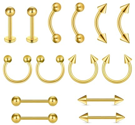 MODRSA Eyebrow-Bar Lip-Bar Septum Tongue-Piercing : 14 pièces 16G en Acier Chirurgical Barbell incurvé Anneau pour lèvre Tragus Piercing Or