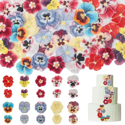 60 Pieces 10 Types of Edible Flowers for Cake Decorating , Edible Wafer Rice Paper Cupcake Toppers Mixed Tricoloured Violas for Cocktails, Cupcake, DIY Crafts
