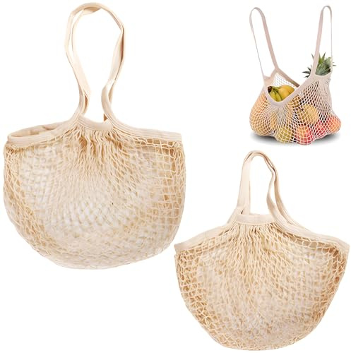 2 Stück Einkaufstasche, Netztasche Sandspielzeug Baumwoll Wiederverwendbar, Netz-Einkaufstaschen Faltbar, Waschbarer Netzbeutel für Einkauf, Für Aufbewahrung Von Obst Und GemüSe