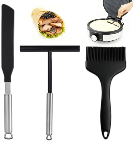 AEMCHDM 3 Pièces Répartiteur de Crêpes et Spatule, Spatule à Crêpes en Acier Inoxydable 304 et Silicone,Outil Pâtisserie en T Raclette à Pâte pour la maison, la cuisine, la pâtisserie, la cuisson