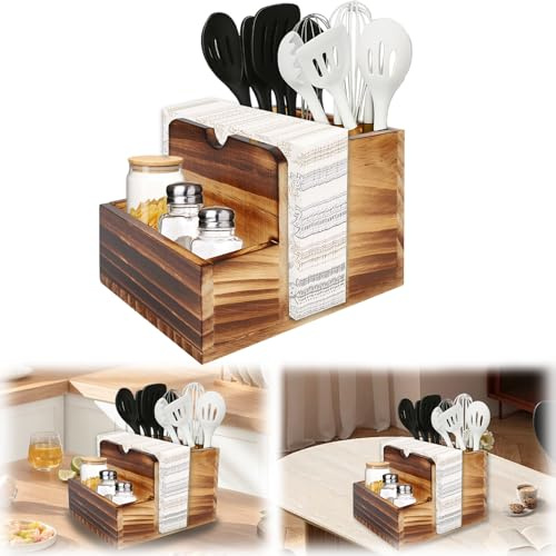 Porte-serviettes de table en bois avec salière et poivrière - Multifonctionnel - Boîte de rangement pour serviettes, épices, vaisselle