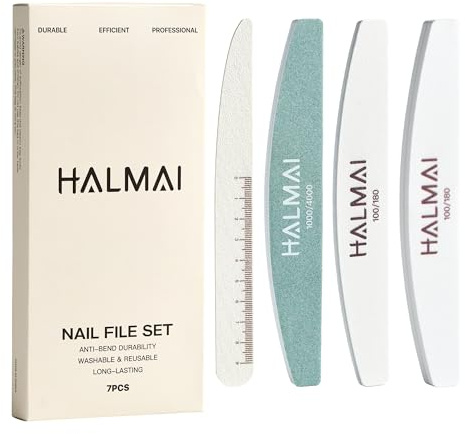 HALMAI Lot de 7 limes à ongles professionnelles et polissoirs - Grain 100/180 - Réutilisables - Double face - Avec lustre, éponge et couteaux - Pour ongles naturels et acryliques à la maison ou au