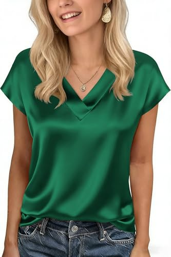 Xiaoliny Womens Tops Short Sleeve Satin Blouse V Neck Silk T Shirts for Women Loose Fit Summer Top Elegant Cap Sleeve Tee Shirt Solid Color Smooth Ladies Going Out Tops for Evening Party Office Wear