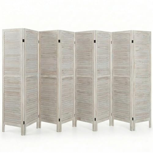 Bluecat 8 Panel Room Divider, 128 W x 67 H Foldable Privacy Screen, Freestanding Solid Wood Partition Wall for Home Office Bedroom, No Assembly Required, Warm White