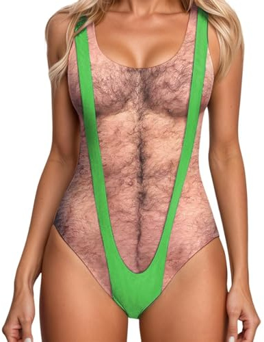 Maillot de Bain Une pièce pour Femme avec Poitrine poilue drôle-Dos échancré-Costume de Cosplay-Body décontracté-Imprimé Monokinis