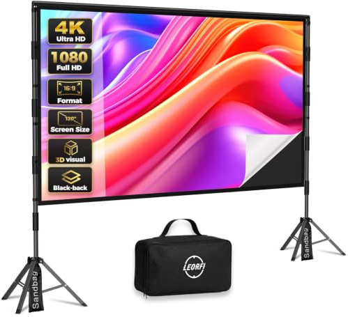 LEORFI Pantalla Proyector 120 Pulgadas con Trípode Portátil, Fondo Negro