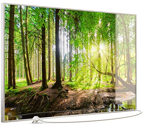 STEINFELD Heizsysteme® Elektroheizung Glas Bild Infrarotheizung mit TS11 WiFi Thermostat | Made in Germany | Motive 067 Wald Panorama (900 Watt, silber/Alu)
