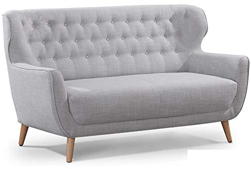 CAVADORE Zweisitzer-Sofa Abby / Klassisches Polstersofa mit Knopfverzierung / 153 x 89 x 88 / Strukturstoff, hellgrau