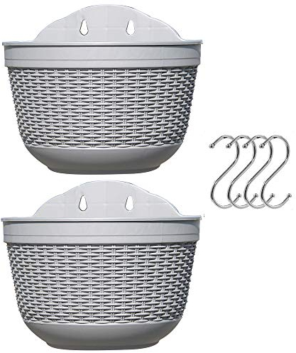 Set di 2 fioriere da appendere per esterni, in plastica, per fiori, piante, balconi, recinzioni, da parete, con foro di drenaggio e 4 ganci