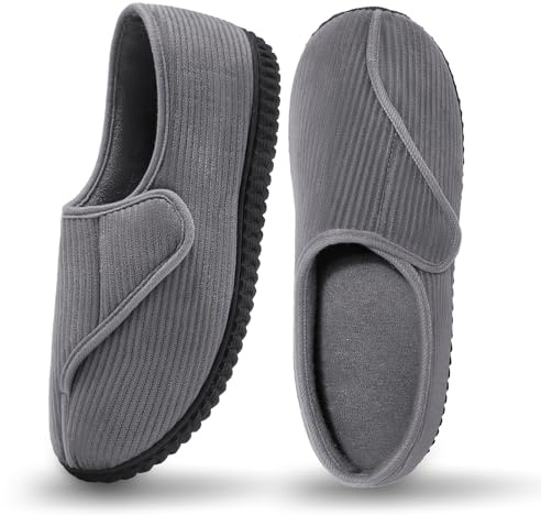 Git-up Diabetic Slippers Shoes for Men Arthritis Edema Adjustable Closure Toe Swollen Feet Slippers Memory Foam Comfy Bedroom House Indoor Outdoor Shoes, Gray UK/7