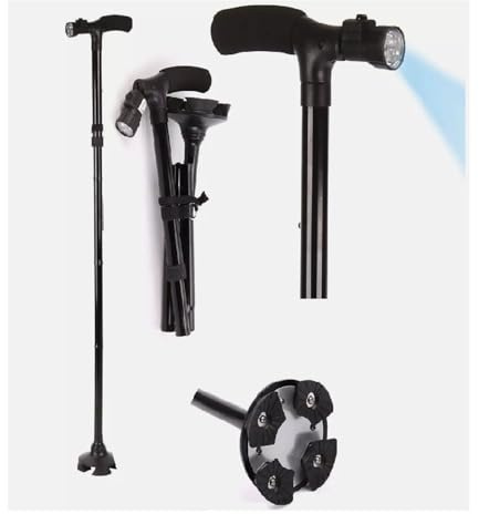 Holdfiturn Walking Stick, Folding Cane with LED Light, 85-95.5cm Lightweight Adjustable Collapsible Cane for Balance, Walking Cane Stick for Men/Women with Cushion T Handle and Pivoting Quad Base