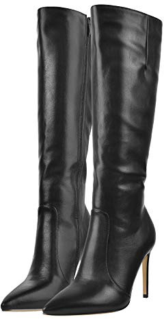 LISHAN Women's Pointed Closed Toe Stiletto High Heels Pull On Zip Up Under Knee High Boots Solid Soft PU Sexy Dress Shoes Black Size 12