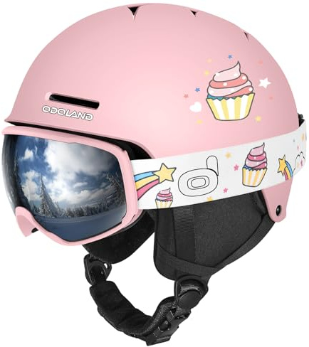 Odoland Kids Ski Helmet, Snow Helmet with Ski Goggles for Boys and Girls, Safety Youth Snowboard Sports Helmets and Goggles Set for Children Ages 6-14, Pink, S