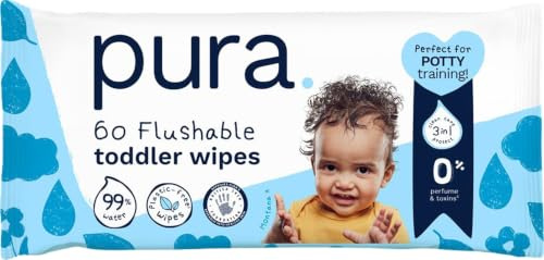 Pura Spülbare Öko-Baby-Feuchttücher für Empfindliche Babyhaut, 70 Tücher (1 Packung), 99% Wasser, 100% Plastikfrei, für Sensible, zu Ekzemen neigende Haut, Neugeborene, Biologisch Abbaubar, Vegan