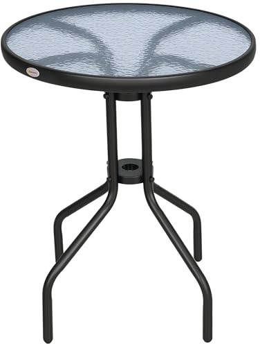 Outsunny Mesa de Jardín Redonda con Encimera de Vidrio Templado Decorativa y Marco de Metal para Patio Terraza Balcón Comedor Ø60x70 cm Negro
