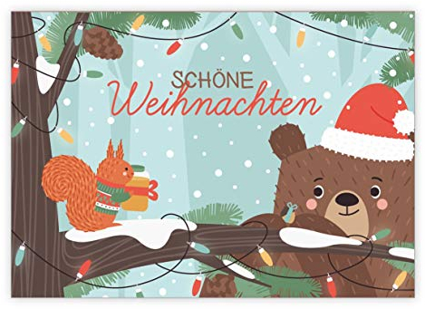 10 Stück Süße Weihnachtskarte mit Eichhörnchen und Bär im Wald • Weihnachts Glückwünsche im Set mit Umschläge zum Jahreswechsel für Familie, Freunde, Kollegen aus der Firma