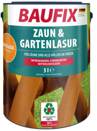 BAUFIX Lasure Clôture & Jardin sapin de Douglas, satinée brillante, 5 litres, Lasure pour bois, Lasure brune respirante, pour les clôtures et autres bois extérieurs