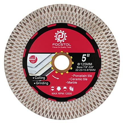 FOCSTOL Diamant Trennscheibe - 125mm x 22,23mm Fliesentrennscheibe Schneiden und Schleifen für Porzellan Keramik Fliesen Marmor Granit Kunststein mit X Mesh Felge
