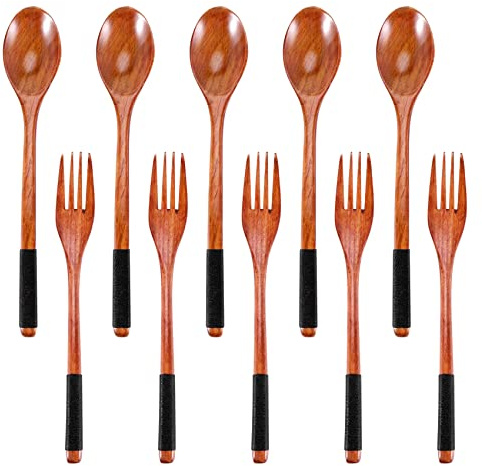 XIAOJUN Wooden Spoons Forks Set Japanese Style Wooden Utensils Set for Eating Wood Flatware Set Reusable (Black,10 Pieces)