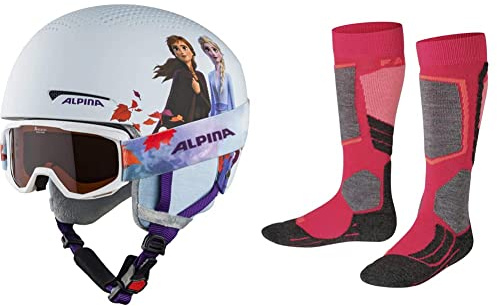 ALPINA ZUPO Disney Set - Hochwertiges, Sicheres & Exklusives Disney Set aus Skibrille & Skihelm Für Kinder, Frozen II, 51-55 cm & Falke Unisex Kinder Skisocken SK2, Wolle, 1 Paar, Rosa, 31-34
