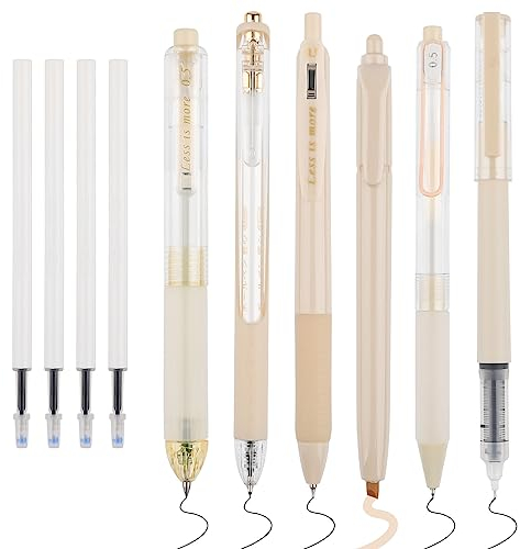 WINKIO 0.5mm Gelschreiber, 6 Stück Aesthetic Gelstifte Schnell Trocknende Gel Pen mit 4 Nachfüllminen, Einziehbare Kugelschreiber Schwarz +Farbiger Textmarker(Gelb)