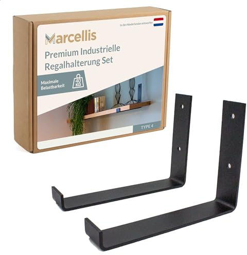 Marcellis Premium Regalhalterung für 20 cm breite Bretter, Matt Schwarz, 2x Industrielle Regalhalterungen (40 kg Tragkraft) - Hochwertige Verarbeitung und Montagematerial - 15x4x20,2 cm (HxWxD)