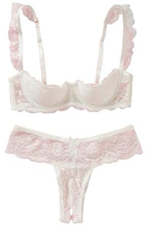 SweatyRocks Women's Lingerie Set Floral Lace Ruffle Shoulder Bra and Panty Underwear Sets White Medium