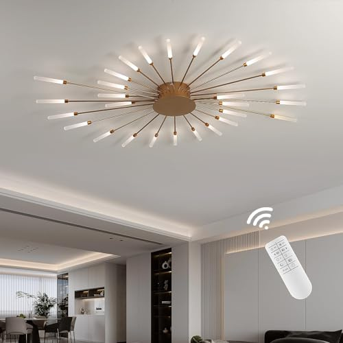 minifair Moderne LED-Deckenleuchte,28 Köpfe Dimmbar Halbbündige Deckenbeleuchtung,goldene Kronleuchter,Deckenleuchten Für Schlafzimmer,Wohnzimmer,Küche,Esszimmer,Büro,3000K–6000K Mit Fernbedienung
