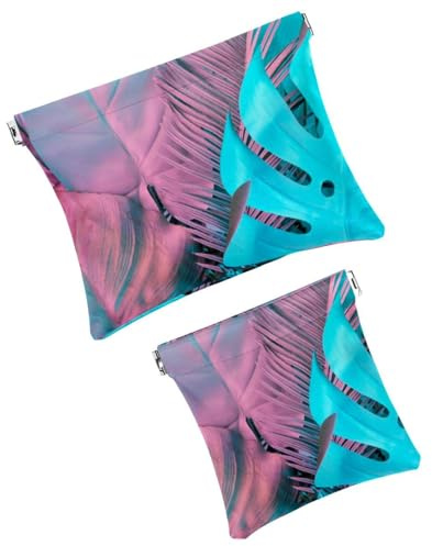 Pocket Cosmetic Bag Squeeze Top, Tropical Blue Pink Leaves Plant Waterproof Travel Makeup Bag for Purse, Portable Mini Makeup Pouch No Zipper for Women