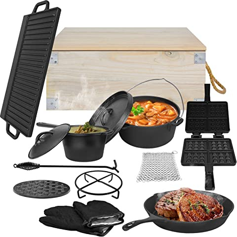 CEEDIR Lot de 12 casseroles hollandaises pour barbecue dans une boîte en bois avec plaque de cuisson, poêle à frire, gaufrier, casserole, lève-couvercle et gants en fonte Accessoires de barbecue