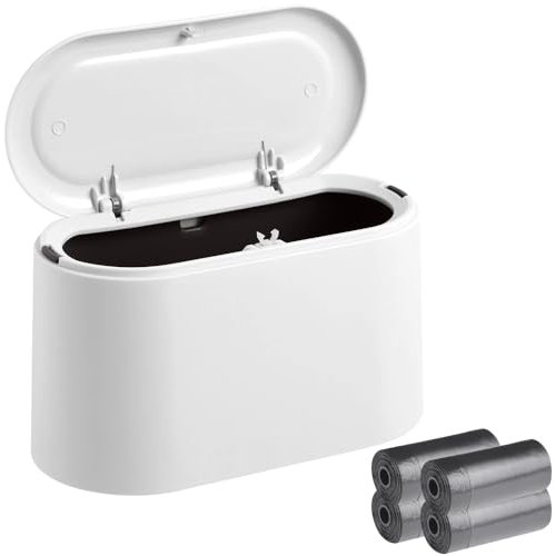 Desk Trash Can, Trash Can Desk Bin with Lid with 4 Rolls of Trash Bags Portable Trash Cans Mini Trash Cans with Lid for Room Kitchen Bedroom Bathroom Office White