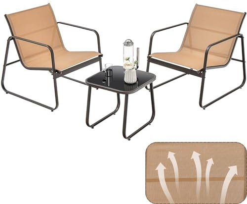 KOMFOTTEU 3 TLG. Balkonset Bistro-Set, Balkonmöbel Set mit 2 Stapelstühle aus Textilene-Stoff & Gartentisch, Garten Sitzgarnitur Sitzgruppe für Balkon Terrassen (Braun)