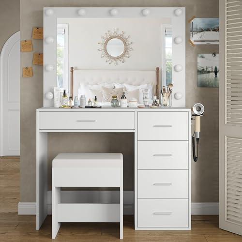 FUSOU 37 Vanity Desk with Mirror & LED Lights, Makeup Vanity with Power Outlet & USB, 3 Lighting Modes, Dressing Table with 5 Drawers & Stool for Bedroom, White