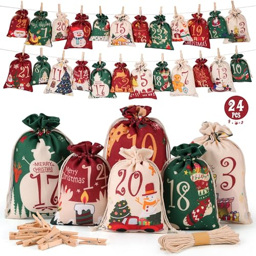DazSpirit Calendrier de l'Avent à Remplir,Ensemble de 24 Sachets en Tissu avec Pinces en Bois Et Corde de Jute,Calendrier de l'Avent DIY pour Enfants Et Adultes,Sac de Décoration de Noël pour Cadeaux