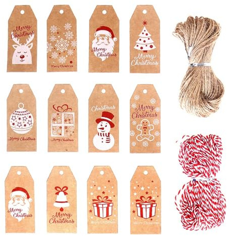 SULOLI 100 Pezzi Etichette Regalo Natale,Etichetta Carta Kraft Paper Tags