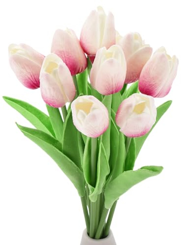 QUARKZMAN 10pz Tulipani Artificiali, Fiori Artificiali Steli Tulipani Finti al Tocco Reale per Bouquet Sposa Centrotavola Decorazione Tavolo Festa (Rosa Rossa)