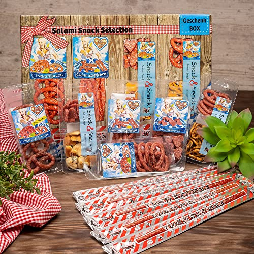 WURSTBARON® Snack Geschenkbox mit Salami Herzen, mit 7 besonders leckeren Snacks aus Salami und Knabberzeugs, Wurst nach Krakauer Art, bayerische Qualität, 390g