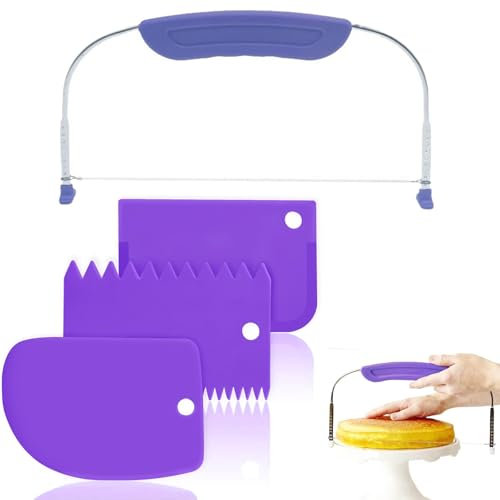 Cake Leveller, Serve with 3 PCS Cream Scrapers, Cake Cutter, Cake Slicer with Stainless Steel Wires and Purple Handle for Wedding Birthday Layer Cakes Baking Tool (Purple)
