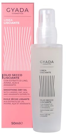 GYADA COSMETICS, Olio Secco Lisciante, Ultraleggero, Tocco Asciutto e Setoso, Non Unge, Idrata, Disciplina, con Estratti di Lino, Avena, Acai e Amaranto, 50 ml