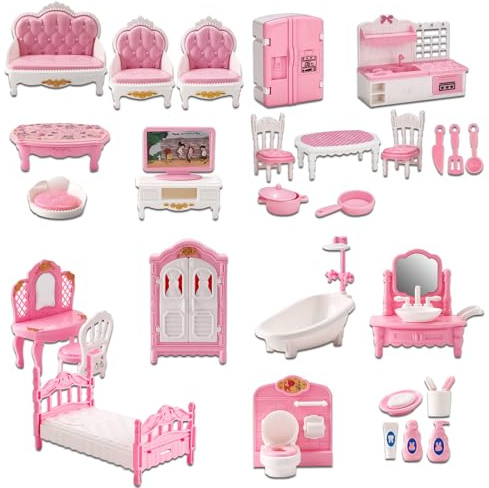 32Pcs Dolls House Furniture Set Mini Building Blocks Dollhouse Minihouse Realistic Miniatures DIY Accessories Kit for Kids Childs Gifts Family