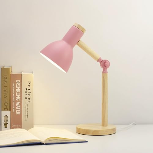 Mkichi Nachttischlampe Holz,Tischlampe Vintage mit Kabel,Schreibtischlampe Kinder, LED Tischlampe Wohnzimmer,Augenschutz Tischleuchte Leselampe,Tischlampe E27 für Schlafzimmer,Büro,Geschenk (Rosa)