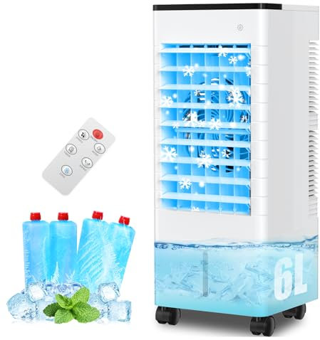 Condizionatore Portatile Senza Tubo, Silenzioso Raffreddatore d'aria Grande Serbatoio da 5.5 L, 4 in 1 Multifunzione Evaporativo Mobile, Timer da 7 ore,3 Velocità,con Telecomando,Senza Unità Esterna