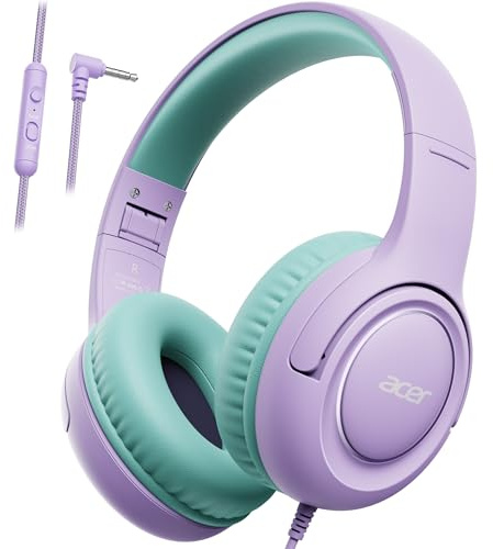 Acer Kids Headphones Wired, Toddler Headphones for Kids with 85/94dB Volume Limit, 3.5mm Jack, Foldable Adjustable Stereo Sound Over Ear, for School, Travel, Learning, Tablet, iPad, PC(Purple Green)