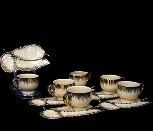 Service à Thé Vintage en Porcelaine, 6 Tasses avec Soucoupes en Forme de Feuille, Motif Dégradé Or et Crème