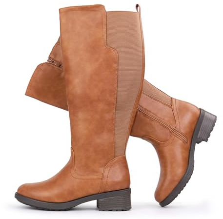 Chicblooms Botas altas hasta la rodilla para mujer, de caña ancha, con cremallera lateral y panel elástico, PU tostado, EU38