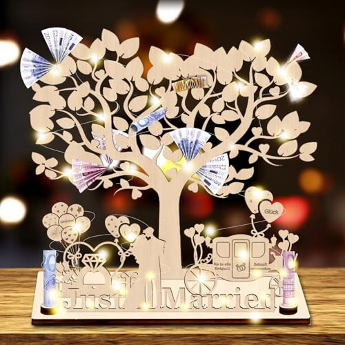 Geldgeschenk Hochzeit Holz,Hochzeitsgeschenke für Brautpaar | Geldbaum Hochzeit Geldgeschenke mit LED Lichterkette,Hochzeitsgeschenke Lebensbaum,Hochzeitsgeschenk Geld,Geldgeschenk Just M