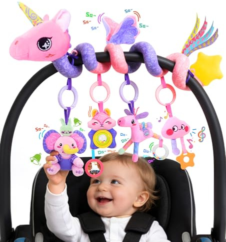 Zendstanding Giocattolo musicale per seggiolino auto per bambini da 0 a 12 mesi, 5 in 1, giocattolo da appendere al passeggino con musica rilassante, sonaglio, specchio per neonati regali essenziali