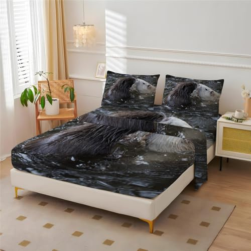 4 PCS Fitted Sheet Queen Set with 14 Deep Pocket, Beaver Mouse Bedding with 2 Pillowcases for Kids and Adults, Black and White Animals Flat Bed Queen Sheet Set