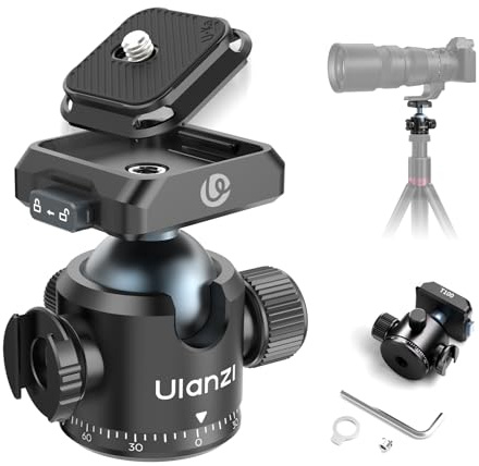 Ulanzi T100 Ball Head, Tripod Ball Head Mount 1/4 & 3/8 inch with Uka Quick Release Plate & Cold Shoe, 360° Rotating Panoramic Ball Head for DSLR Camera,Tripod,Monopod,Slider,Camcorder, 13lbs/6kg Load