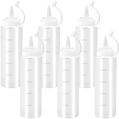 EMITUOFO 6 Stück Squeeze Flasche, Quetschflasche, Kunststoff Saucenflasche mit Kappe, Condiment Flaschen - Sauce Ketchup Öle Soße Olivenöl und Malen, 240 ml